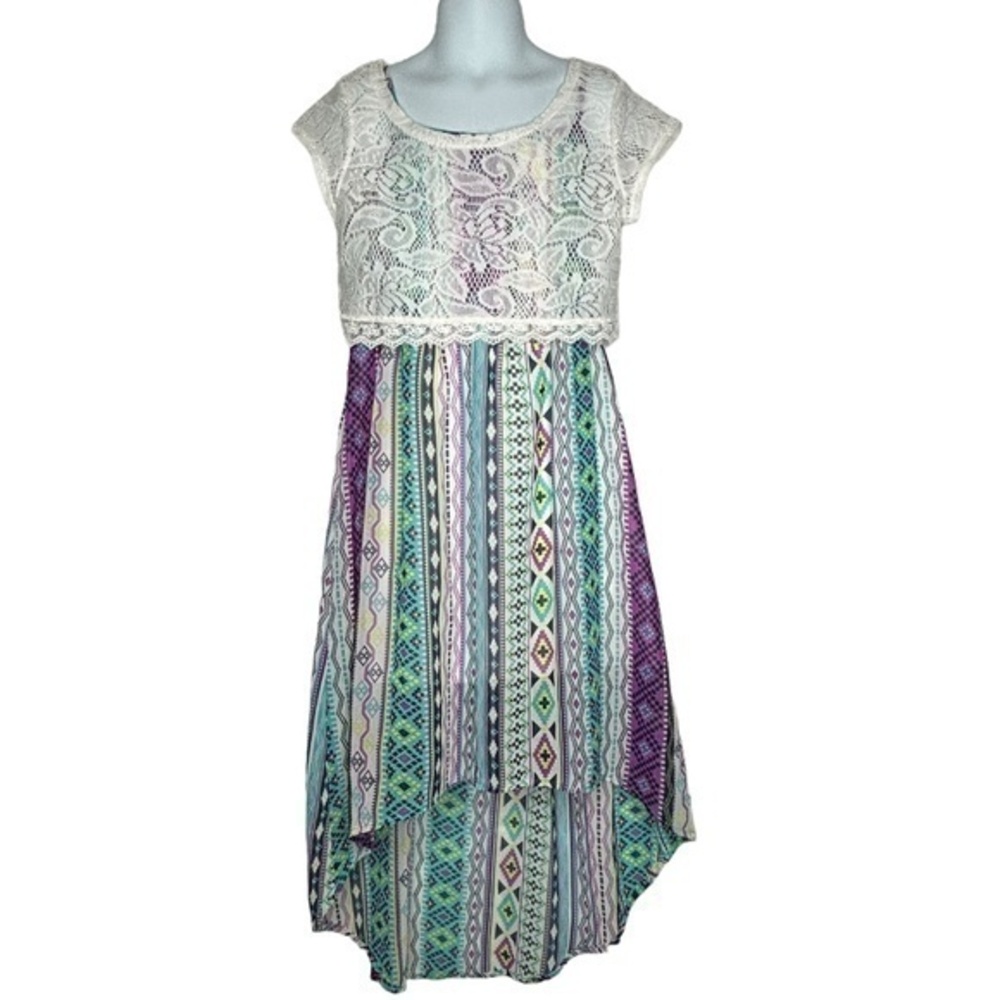 Xhilaration Girls Dress with Lace Top Size S Geometric Stripe Print Hi Lo